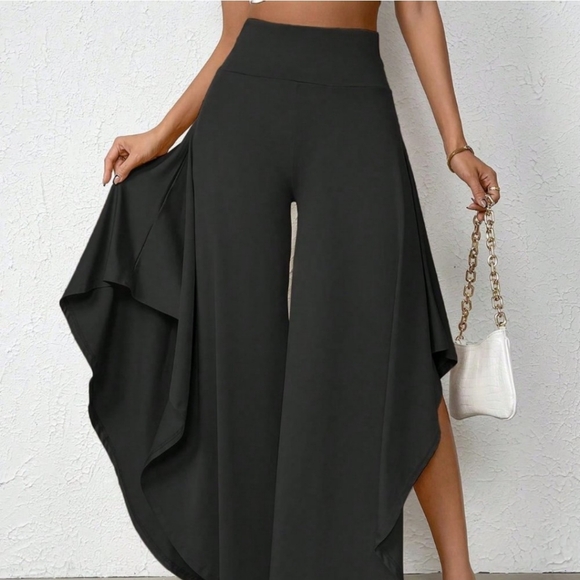 Black Preppy Womens High Waist Asymmetrical Hem Wide Leg Pants - Picture 3 of 5